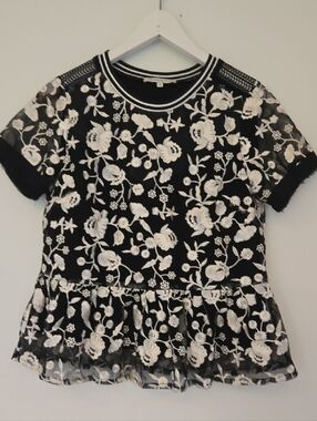 Heartloom Sheer Black Top with White Floral Lace Overlay